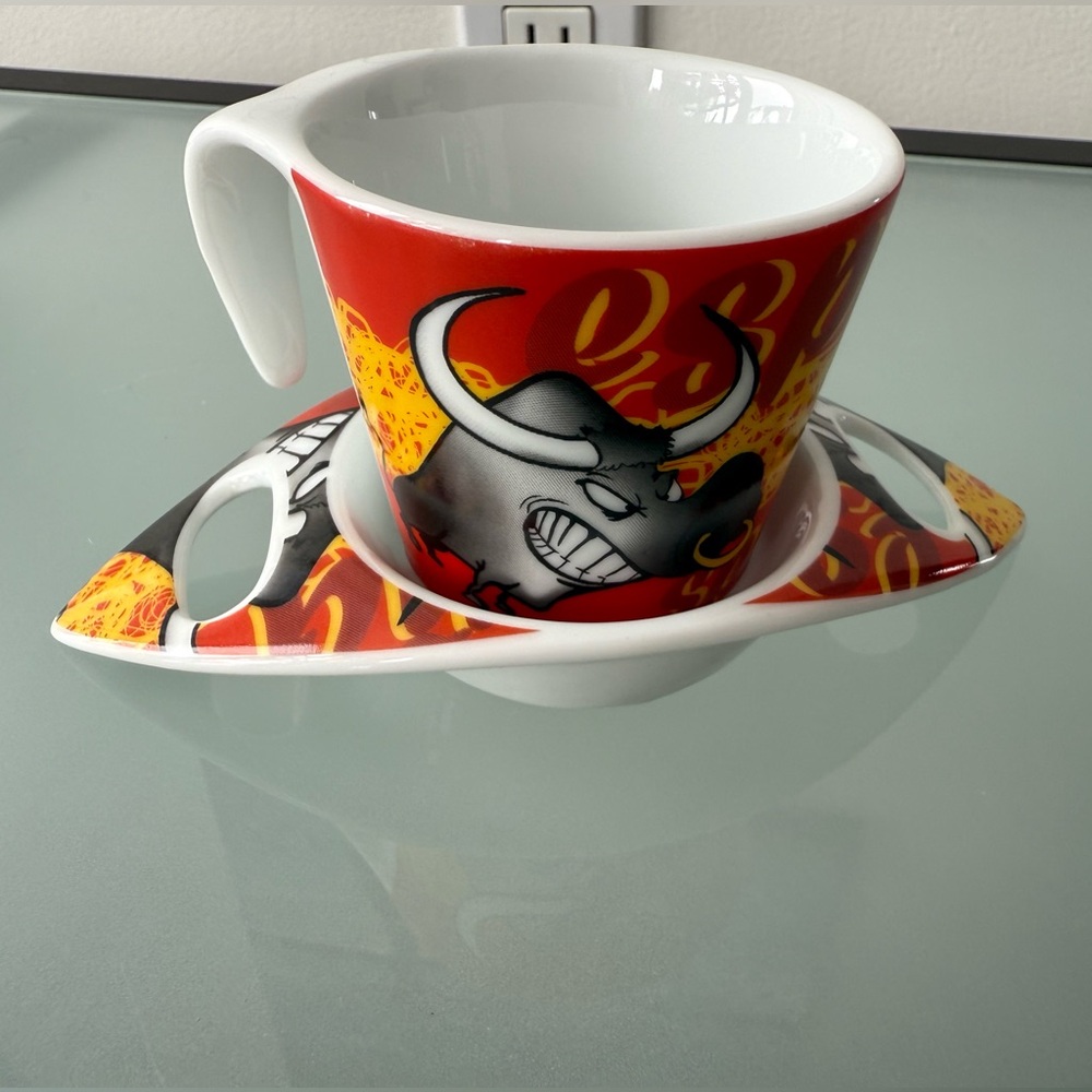 Spain España Black Bull Red Abstract Cup and Saucer Set - Ceramic